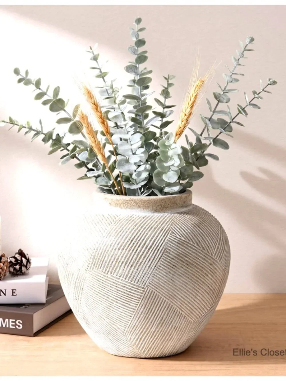 Ceramic Flower Vase 9.3 Inch Flat Farmhouse Rustic Vintage Pottery Home Decor